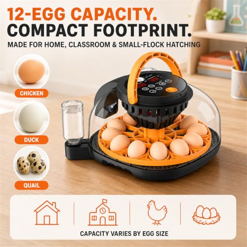 12-Egg Incubator for Hatching Chicken Eggs with WiFi Camera and Auto Turner | Built-in egg candler, temperature and humidity control, app monitoring and 8GB microSD for duck, quail and pigeon eggs.