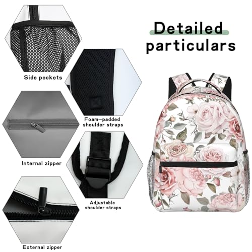 Rose Floral Casual Backpack, Lightweight Laptop Bag Daypack, Pink Wildflower Backpacks for Women Men Teens Students, Nature Garden Polyester Bookbag Gifts for School Work Travel Hiking - color: Rose 02