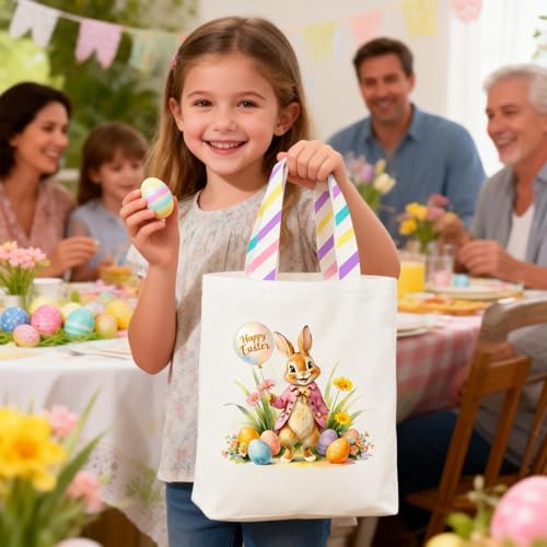 Easter Basket Bunny Canvas Tote Bag, 12.2x11 Inches, Natural Canvas, Hand-Carry, for Gift and Easter Egg Collection - color: A-blue