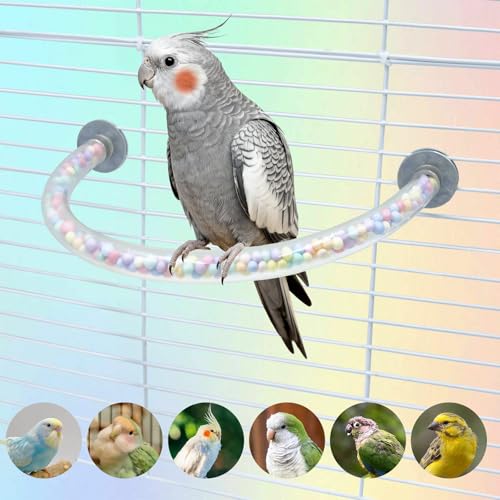 Bird Cage Accessories, 2 Pack Plastic Transparent Perch with Colorful Beads Inside, Bird Perches for Cage, Perch for Budgies, Cockatiels, Lovebirds, Green Cheeks, Small to Medium Birds