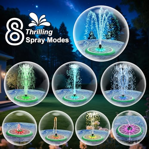 Solar Fountain UFO Style, 2026 Upgrade 5W Glass Solar Panel Bird Bath Fountain with LED Lights, 4000mAh Backup Battery, 7 Nozzles for for Garden, Pond, Pool, Patio Outdoor Water Feature - color: Green