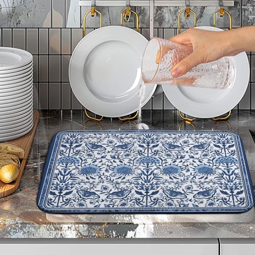 Blue Floral Dish Drying Mat for Kitchen Counter Boho Flowers Dishes Drainer Mats Rustic Farmhouse Microfiber Absorbent Dish Draining Spring Summer Reversible Dish Rack Pad 16x18 Inch - color: Blue Floral, size: 16" x 18"