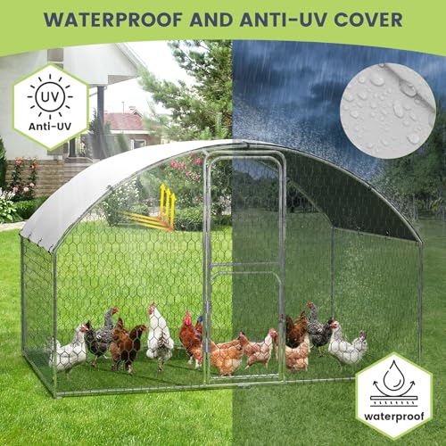 Large Metal Chicken Coop, Dome Shape Chicken Coop with Double Door, Chicken Run with Waterproof and Anti-UV Cover for Outdoor Farm Yard (6.5'L x 9.8'W x 6.6'H)