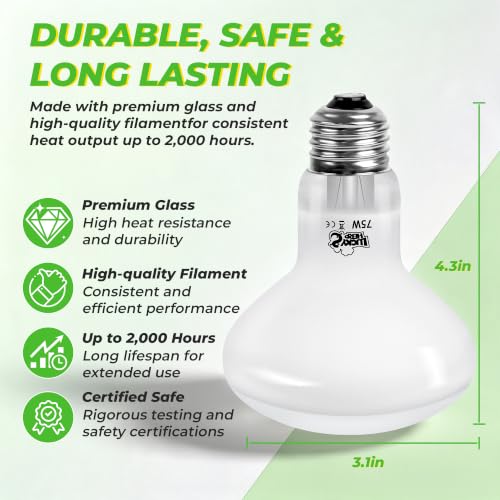 LUCKY HERP Reptile Heat Lamp Bulbs 75W, UVA Daylight Basking Bulbs 2 Pack | Fast Heating, Simulates Natural Sunlight, Ideal for Bearded Dragons Geckos Lizards Turtles Chameleons Amphibians & Chickens - size: 75