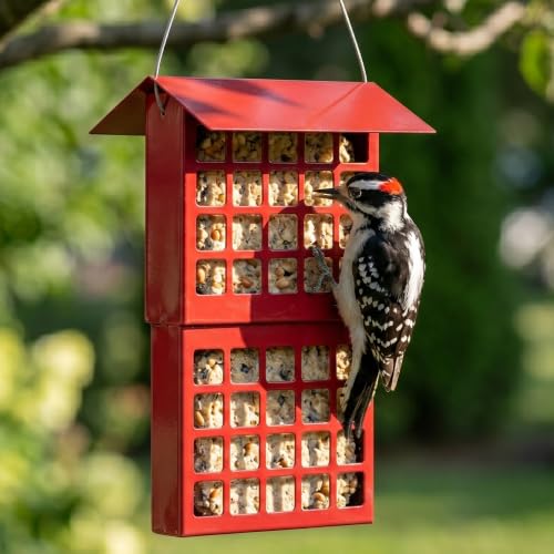 Solution4Patio Suet Bird Feeder for Outdoors, All Metal Bird Feeder for Wild Birds, Heavy Duty Galvanized Steel Hanging Feeder with Slide-Top Roof, Weather Resistant, Holds 2 Suet Cakes (Red) - color: Red