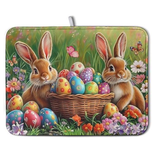 Easter Bunny Eggs Dish Drying Mat for Kitchen Counter 18x24 Inch Spring Easter Rabbit Flowers Large Drying Mat Microfiber Dish Drainer Rack Mats Absorbent Reversible Dishes Pad Dish Dryer Mat - color: Easter Egg Bunny, size: 18" x 24"