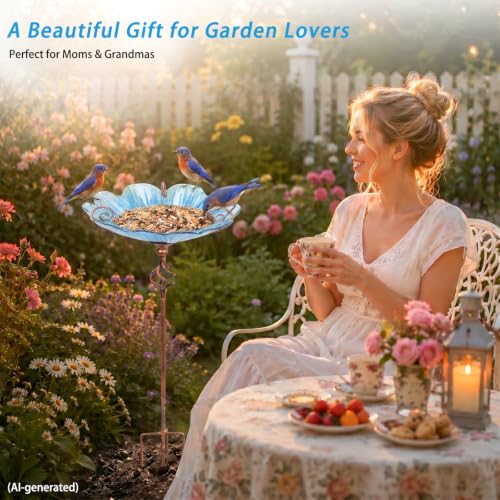 Glass Birdbath Birdfeeder with Metal Stake Garden Yard Outdoor Blue | 31inch height stain glass bird bath for outside,Blue flower bird bath bowl,attract wild birds and beautify outdoor gardens - color: Blue
