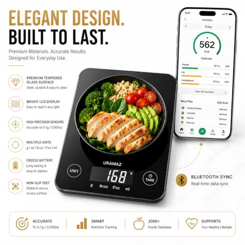 URAMAZ Smart Food Scale with Nutritional Calculator, Digital Kitchen Scale with Bluetooth App for Weight Loss, Food Weight Scale for Diet, Keto, Macro, Calories Counting, Tracking, 11lb - color: Black