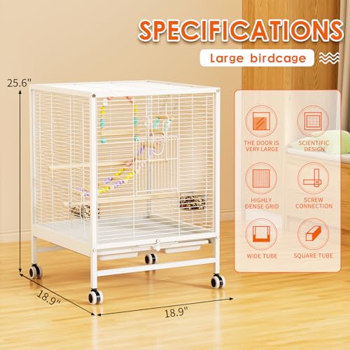 Bird Cage with Stand and Wheels, Parakeet Cage for Small Birds | 18.89"x18.87"x25.59" bird habitat with flight design, rolling stand, full view wire structure and easy access doors - size: 18.9"L x 18.9"W x 25.6"H