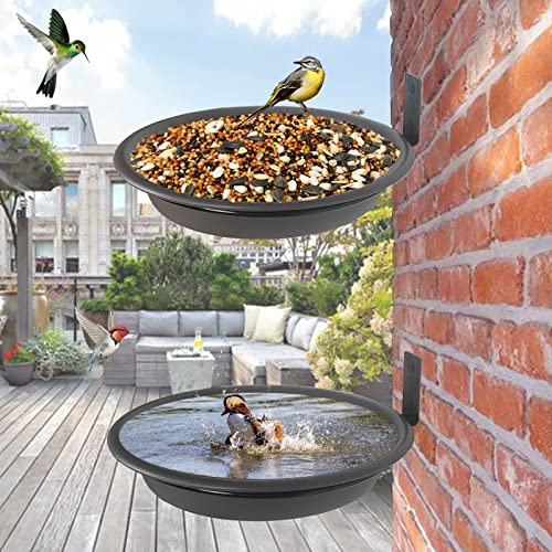 2 Bird Feeders Tree Mounted with Heavy Duty Sturdy Steel, 9.15” in Diameter×1.53" Deep Dark Brown Bird Bath Tray,Installed on Wooden Fences, Trees, Deck,Indoor and Outdoor Walls