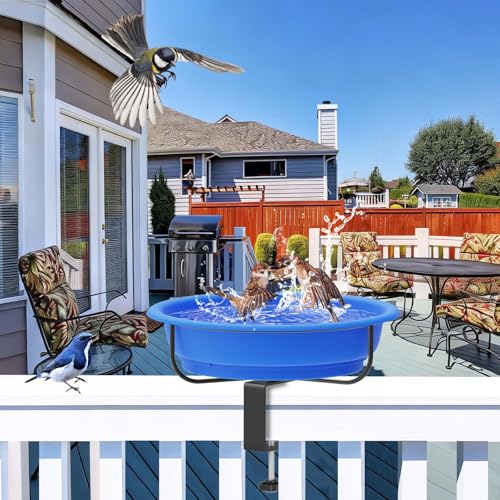 Deck Mounted Bird Bath for Outside, Detachable Plastic Bowl, Blue | Adjustable 3.2" Metal Clamp, Easy to Clean & Install, Railing Birdbath & Birdfeeder, Balcony Fence Garden Decor