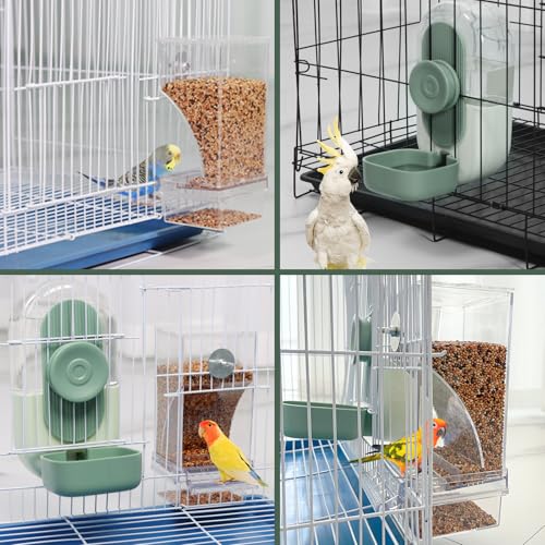 Lemtrflo No Mess Bird Feeder Water Dispenser, Parrot Cage Automatic Feeders | Automatic Feeding & Hydration, Parakeet Cage Accessories for Parrots, Cockatiels, Finches, Lovebirds & Budgies - color: Green