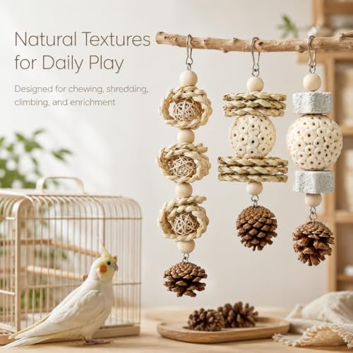3 Pack Bird Toys for Small Birds, Texture-Rich Shredding & Chewing Toys with Sola Ball, Rattan Balls, Pumice Stone and Pinecone, Hanging Cage Toys for Budgies, Cockatiels, Lovebirds and Small Conures - size: 3 Pack