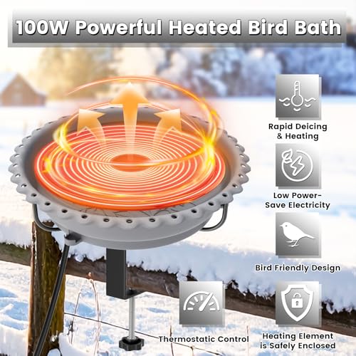 Heated Bird Bath for Outdoors,Deck Railing Heated BirdBaths,Grey | Upgraded 100W,Thermostatically Controlled,Adjustable Clamp 3.2",Easy Clean/Install,Detachable Bowl,Garden Yard Patio Lawn - color: Gray