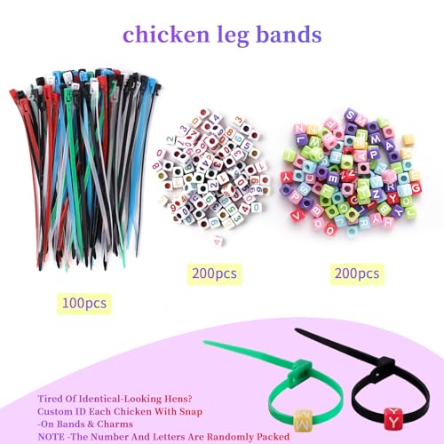 100 Pcs Chicken Leg Bands with 400 Charms, Adjustable for Poultry | 100 bands + 400 letter/number charms. 6 colors, adjustable 5.9". Durable snap-lock. Includes clipper. For poultry