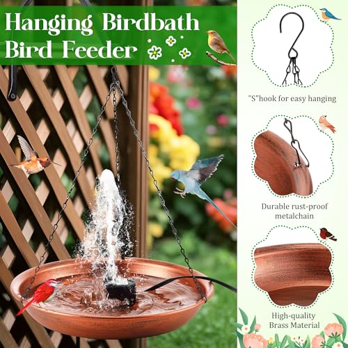 Bird Bath Fountain for Outside, Metal BirdBath Bowl with 8W Pump (Hanging | 24.8 Extra Large Hanging, Copper Metal Bird Bath Bowl with Adjustable 3 Water Flow Modes and 2 Spray Nozzles, Birdbath Feeder - style: Hanging