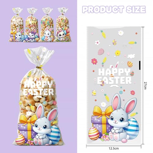 BASEMMAHER 50 Pieces Easter Candy Gift Packaging Bags Spring Bunny Egg Flowers Cellophane Treat Bags Goodies Cookies Gift Wrappings Bags for Easter Holiday Birthday Party Favors Supplies