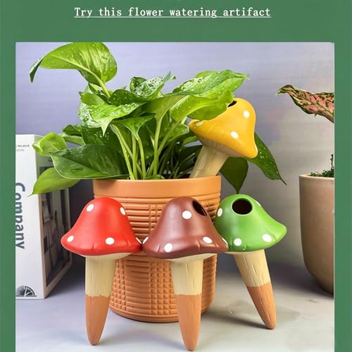 4PCS Terracotta Self Watering Spikes, Mushroom Shaped Self Watering Globes | Automatic Plant Waterer Outdoor&Indoor Use, Vacation Clay Watering Devices System, Slow Release Self Watering Planter Insert - color: Mushrooms Set (Pack of 4)