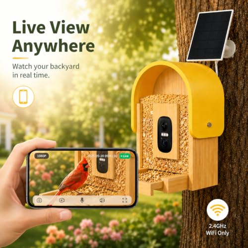 Smart Bird Feeder Camera, 2K HD Solar Powered, AI Bird ID, 2.4GHz WiFi | Solar smart bird feeder with 2K camera, AI bird recognition, app alerts, 2.7L capacity and natural bamboo design.