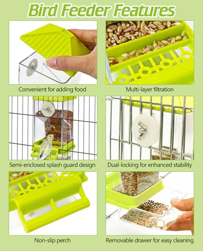 BNOSDM No Mess Automatic Bird Feeder Anti-Splash Bird Feeder Acrylic Transparent Food Container Parrot Cage Accessories for Parakeets Budgies Lovebirds Cockatoos Conures Finches (Green)