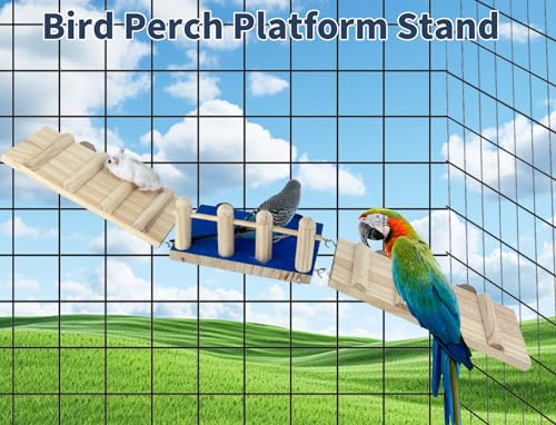FlidRunest Bird Toy, Parrot Perch Platform with Swing and Ladder, Bird Perch Paw Grinding Rough-surfaced, Wooden Climbing Exercise Stands for Parakeet, Parrot, Lovebird, Cockatiel, Hamster