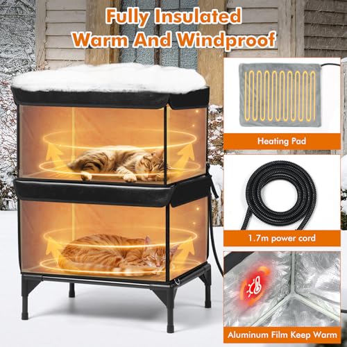 2 Story Heated Cat House for Outside, 100% Waterproof, Safe Escape Door, Elevated Base, Weatherproof Insulated Shelter for Stray Feral Barn Cat - style: Black Cat House 03