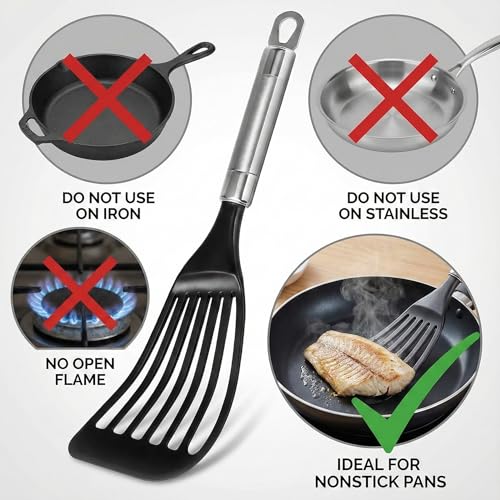 2 Pack Thin Flexible Fish Spatula for Nonstick Cookware, Black | Egg Flipper Turner, 1 Medium 1 Long Size, Hollow Steel Handle Slotted Angled LFGB Complaint Nylon Blade, Dishwasher Safe - size: Medium (2 Pack)