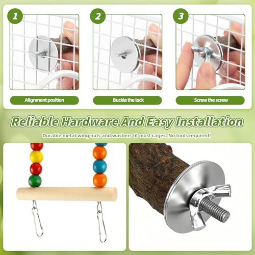 8 Pcs Natural Wood Bird Toys & Perches Set for Cages | Ideal for Small/Medium Parrots (Budgies, Conures) | Birch Ladder, Swing and Foraging Items for Cage Gym | Tool-Free Mount - size: Bird Toys & Perches Set
