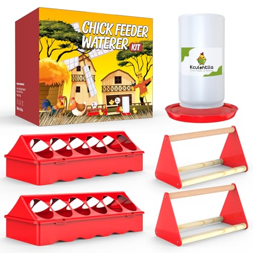 Chick Feeder and Waterer Kit - Baby Chicken Supplies with Chicks Perch, Plastic Feeder Trough and 1.2L Waterer, Chicken Starter Kit for Coop and Brooder for Small Poultry Ducks Quail - color: Red 1