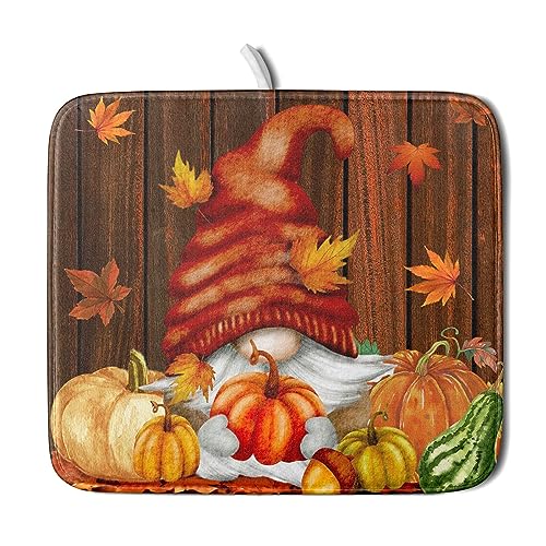 Fall Gnome Dish Drying Mat for Kitchen Counter,Autumn Pumpkin Maple Leaves Drying Mat 16 x 18 Inch Microfiber Dark Brown Wood Dish Drying Pad Dish Rack Drainer Mat Thanksgiving Day Decor - color: Gnome and Pumpkin230807, size: 16" x 18"