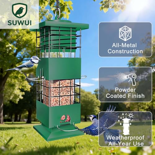 Squirrel Proof Bird Feeder, 3.5Lbs Metal Wild Bird Feeders Anti Squirrel with 4 Feeding Ports for Garden Bird Feeding Station Outdoors Hanging, Pigeon Resistant, Easy to Clean & Refill (Green) - color: Green