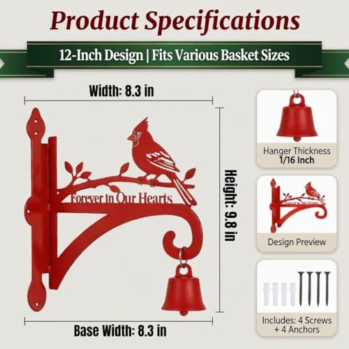 Cardinal Memorial Plant Hanger Hook, Sympathy Gift – 8.3"x9.8" Rustproof Metal Bracket with Forever in Our Hearts Red Cardinal Bird, Holds Planters Feeders Wind Chimes Lanterns Indoor Outdoor