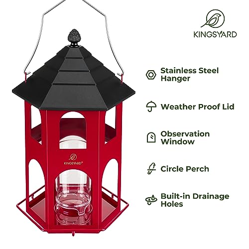 Kingsyard Metal Bird Feeder for Outdoor Hanging, Wild Bird Feeders with Circular Perch, Easy to Clean & Refill, 4 lbs Large Seed Capacity, Red - color: Red