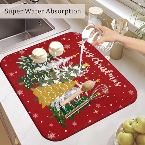 Christmas Kitchen Countertop Dish Drying Mat,Red Christmas Tree Snowflake Pattern Microfiber Kitchen Drying Mat, Washable Absorbent Countertop Xmas Winter Holiday Dish Mat Drainer,16x18In - color: christmas, size: 16" x 18"