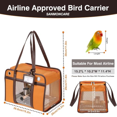 Sanmoncare Airline Approved Bird Carrier for Parrots, Travel Bird Cage Carrier for Cockatiels Conures Small Birds, Portable Pet Carrier Bag with Removable Tray, Breathable Mesh Windows, Dark Orange - color: Sleek Dark Orange