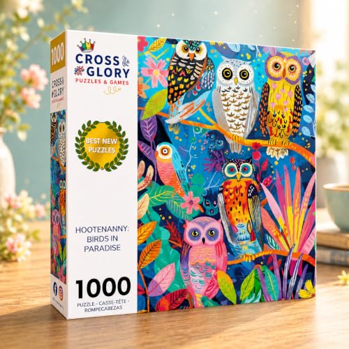 Cross & Glory | 1000 Piece Jigsaw Puzzles for Adults | Hootenanny | Birds in Paradise | Vibrant Indian Garden & Owl Design | 2mm Thick Pieces | Bonus Reference Poster | Satin Finish | Ages 14+ - color: Hootenanny