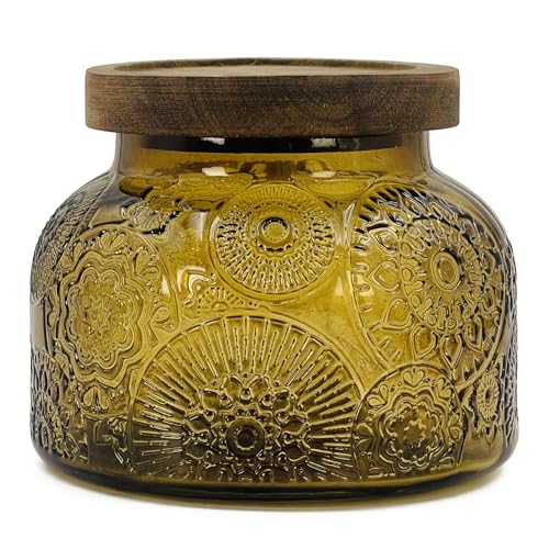 Decorative Amber Embossed Glass Jar with Airtight Wooden Lid, 25.4 fl. oz | Wide mouth vintage storage canister, kitchen pantry bathroom organization, coffee sugar tea cookie candy candle vase gift - size: 25.4 Ounces, style: Amber Flower