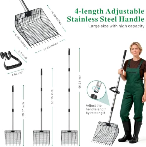 11.61" Chicken Poop Scooper & Rake 2-in-1+ 9.84" Pooper Scoopers, 25" to 67" Large Metal Litter Scoop with Adjustable Stainless Steel Handle for Farm Sifting Coops Cleaning Chicken Litter Pet Waste - size: 2-pack(11.81 inches + 9.84 inches)