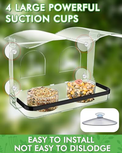 Window Bird Feeder with Strong Suction Cups, Clear Acrylic Design for Close-Up Bird Watching, Durable, Weatherproof, Easy to Install, Large Seed Tray, Drain Holes to Keep Food Dry, For Outdoor