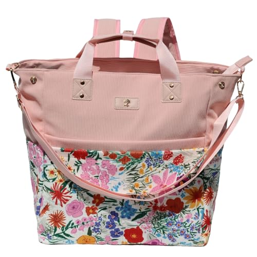 Diaper Tote Bag Totepack Backpack Crossbody Bag 3 in 1 for Women Laptop Backpack Multifunctional with Insulated Pockets - color: Corduroy a Pink Flower