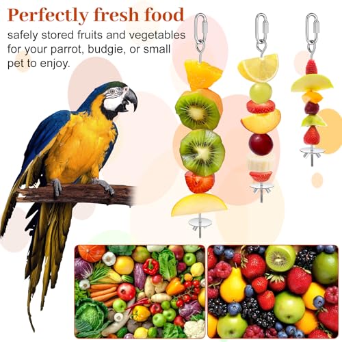 3PCS Bird Cage Food Holder with Hook, Stainless Steel Bird Feeder for Cage, Parrot Fruit Skewers, Birds Foraging Toys for Macaw Parakeet Parrot Budgie (3 Sizes)