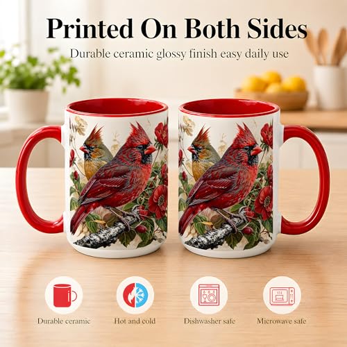 Botanical Cardinal Coffee Mug, Bird Lover Mug, Spring Garden Nature Gift for Home Office, Red Bird Pair with Floral Branch Artwork, Ceramic Red Accent Handle Cup 15 Oz Drinkware (Cardinal 15Oz) - color: Cardinal 15Oz
