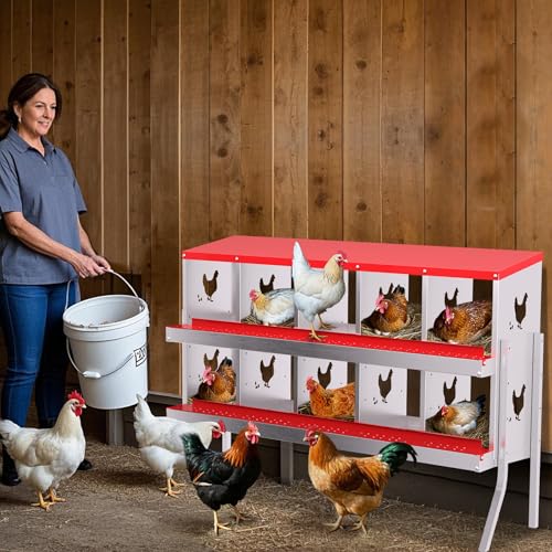 GarveeLife 10 Compartment Chicken Nesting Box with Metal Legs, Nesting Boxes for Chickens, Metal Chicken Laying Boxes with Perch, Secure Lid, Versatile Wall Mount or Free Standing for Hens, Red - color: red, size: 10 grids with legs