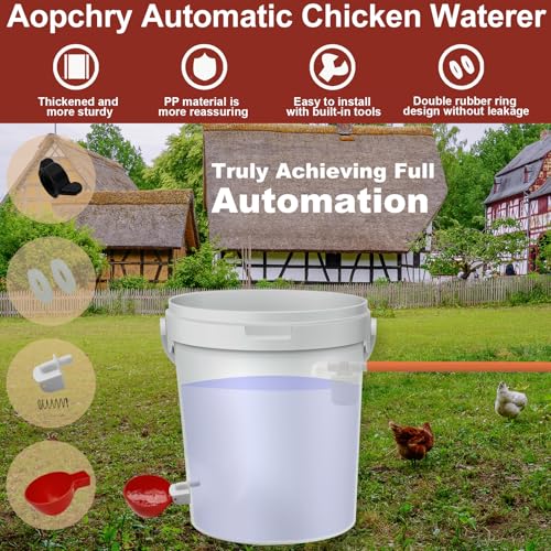 Automatic Chicken Waterer Set - 4 Chicken Water Cups, Float Valve, Drill Bit, 4 Hose Clamps, Teflon Tape - Easy Installation, Fits Chickens, Ducks, Quails, Various Poultry