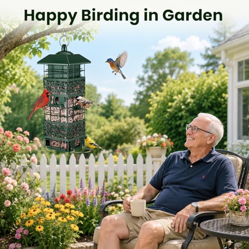 Squirrel Proof Bird Feeder, 2.8LB Weight-Activated Metal Outdoor | Weight-activated guard, metal body, clear seed tube, 4 ports, top-fill, 2.8LB capacity for outdoor backyard bird watching