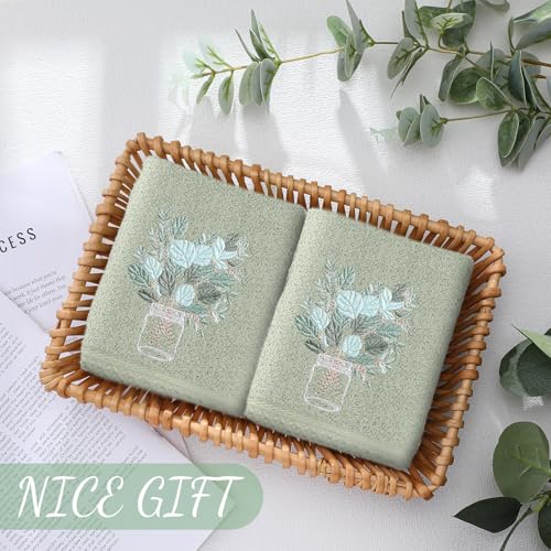 SmoothNovelty 2 Pcs Eucalyptus Hand Towels for Bathroom Decor 14x29 Inch | Embroidered Bathroom Hand Towels, 100% Cotton, Soft Absorbent, Sage Green Bathroom Kitchen Decor - style: Eucalyptus