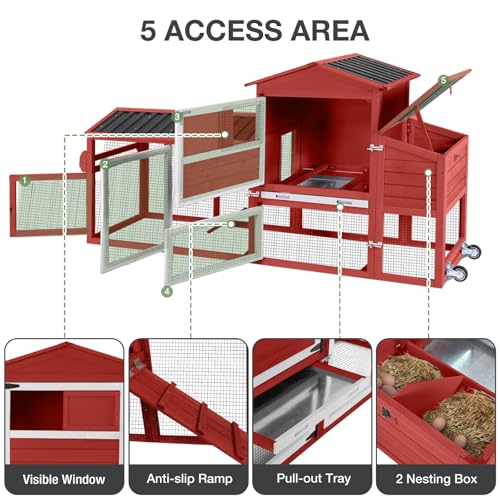 80" Large Chicken Coop on Wheels, with Run, Outdoor Wooden Hen House with Nesting Box, Leakproof Pull-Out Tray & Waterproof Roof, for 4–6 Chickens-Red - color: Red (AIR61-R)