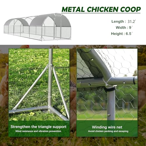 Large Metal Chicken Coop Round Top Upgrade Tri-Supporting Wire Mesh Chicken Run,Chicken Pen with Water-Resident and Anti-UV Cover,Duck Rabbit House Outdoor (31.2'L x 9'W x 6.5'H) - size: 374.4"L x 108.0"W x 78.0"H