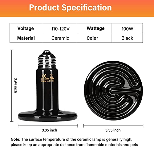 HealSmart Reptile Heat Lamp 100W 2-Pack Ceramic Heat Emitter, No Light Emitting Heat Bulbs for Amphibian Pet Brooder Coop Incubating Chicken, Lizard Bearded Dragon Turtle Snake Terrarium Black - size: 100W, style: 2 Pack