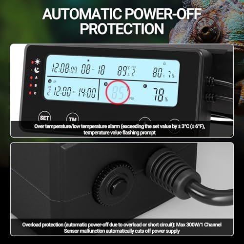 Reptile Temperature Controller with Timer, PID Reptile Digital Thermostat, 3-Channel Thermometer Hygrometer w/Memory, 2 IN 1 Day Night Temperature Humidity Gauge for Heat Lamp Bulb Humidifier